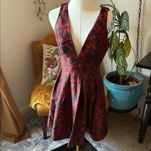 Deep V Elegant Red and Black Floral Dress